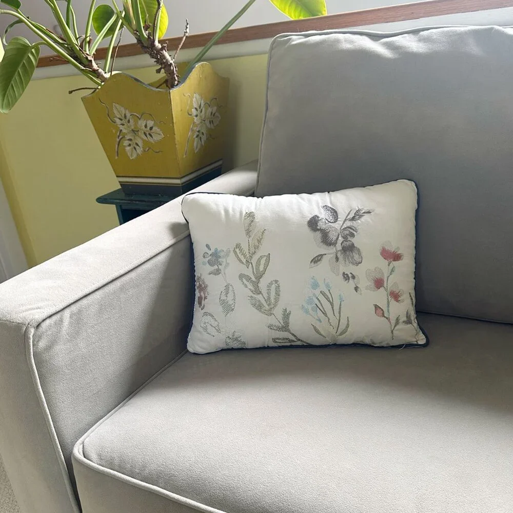 Floral Embroidered Lumbar Pillow Cream Blue Piped Boutique Decor Country Coastal